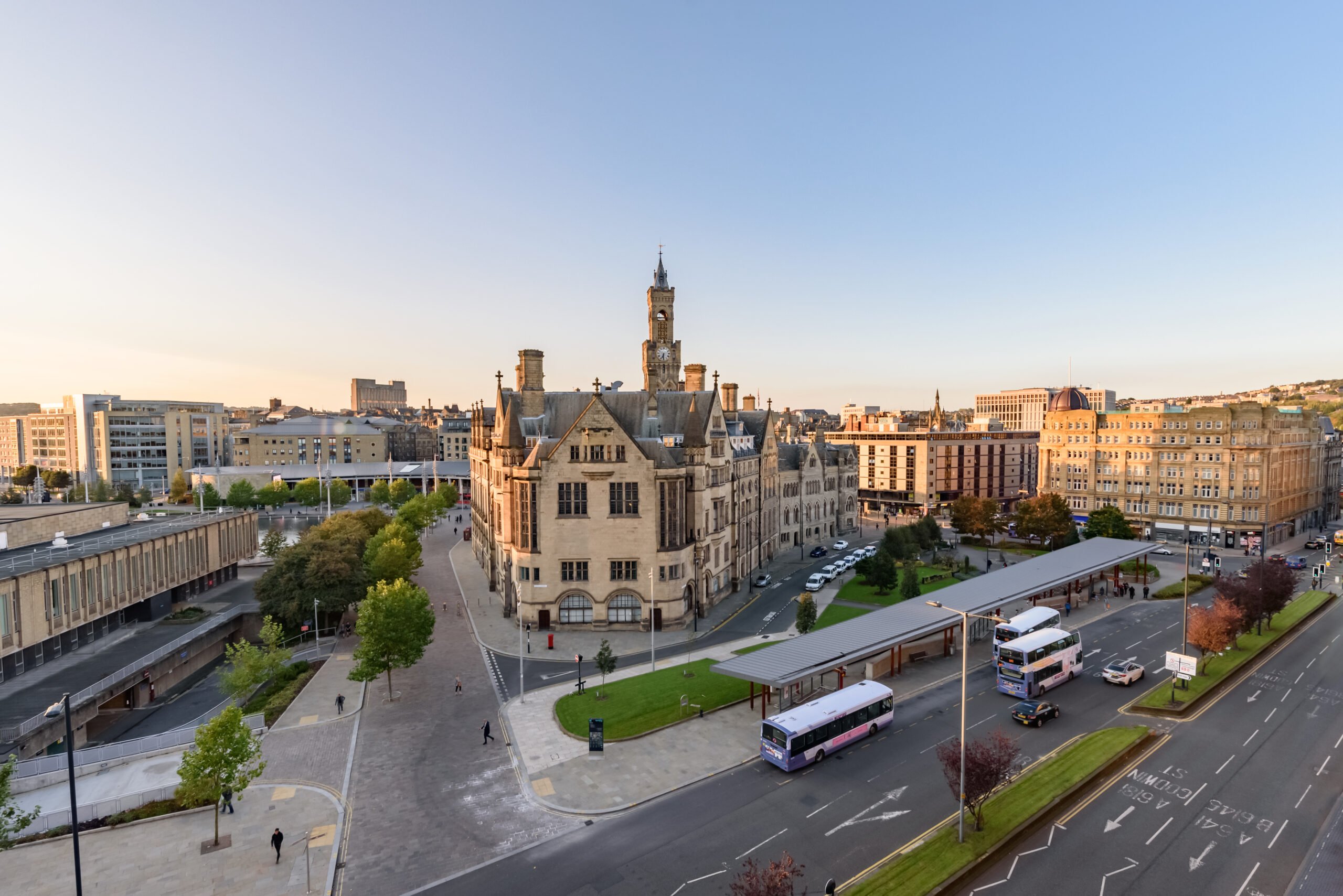 Aerial view of Bradford city centre, Yorkshire, UK